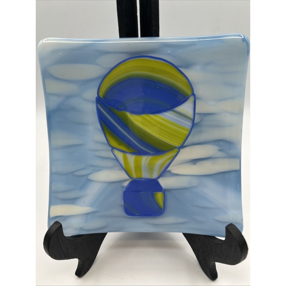 Fused Art Glass Hot Air Balloon 6" Square Transparent Curved Edge Sky Cloud Tile